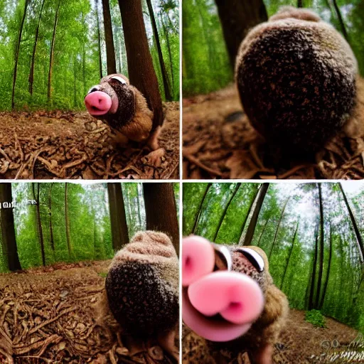 Prompt: miss piggy eats a truffle, trailcam footage, lofi, closeup, fisheye lens, early dawn, forest fog, muted tones, moisture on lens