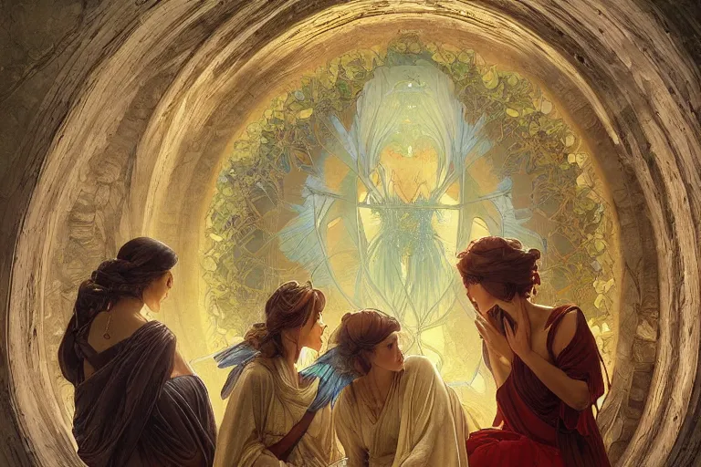 Image similar to inside a tomb, dark scene, light coming in from the left, 3 women crouching in colored robes, 2 angels with feathered wings | medium close | fibonacci composition, by artgerm, greg rutkowski, alphonse mucha