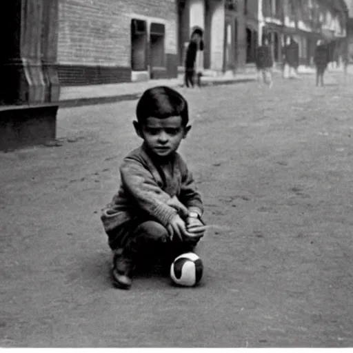 Prompt: a boy playing with a ball in the street in 1 9 2 0