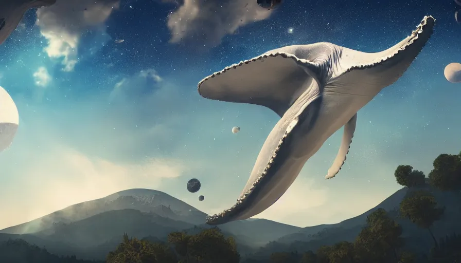 Prompt: highly detailed scifi render of a flying whale over the tuscany skies, cypresses and hills, stars and planets, hyper detailed, digital art, led lighting, studio quality, smooth render, unreal engine 5, octane render, trending on artstaion.