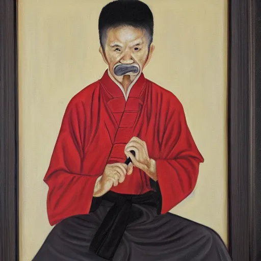 Prompt: A portrait of a kung fu master with a painting brush in his mouth