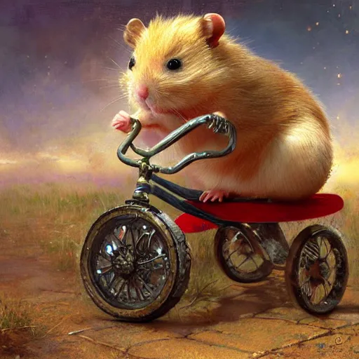 Image similar to a little hamster riding a tricycle, Lilia Alvarado, Sophie Anderson, Mark Arian, Bob Byerley, Charlie Bowater, Mark Brooks, Steve Henderson, Justin Gerard, Arthur Hughes, Edward Robert Hughes, Mark Keathley, Victor Nizovtsev, Carlos Shwabe, Ross Tran, WLOP