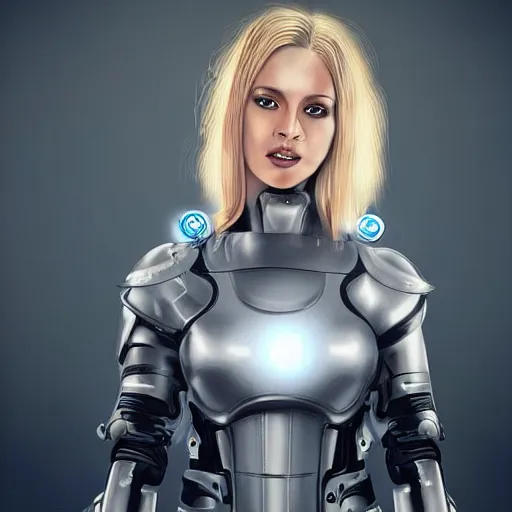 Prompt: “An android female police officer blonde hair in futuristic ballistic armor with neon LEDs in front of police car with sirens on, highly detailed digital art photorealistic”