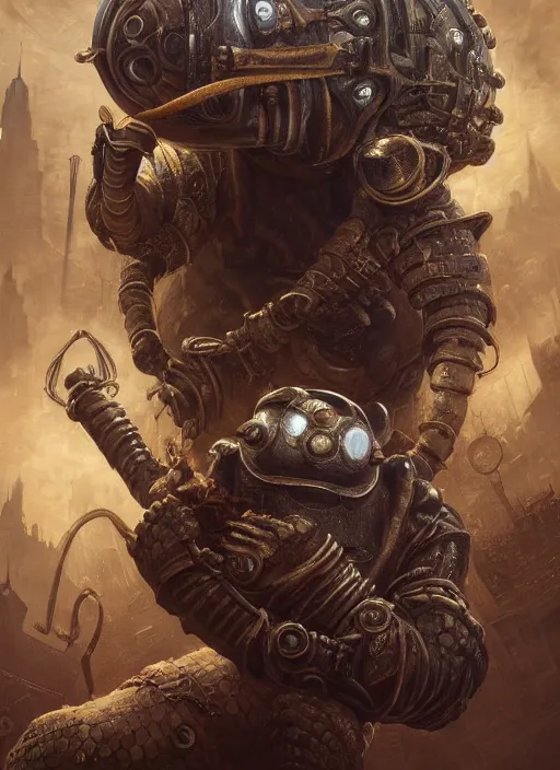 Prompt: bioshock big daddy mf doom reptile eyes, rusty skin. intricate, elegant, highly detailed, centered, digital painting, artstation, concept art, smooth, sharp focus, illustration, artgerm, tomasz alen kopera, peter mohrbacher, donato giancola, joseph christian leyendecker, wlop, frank frazetta