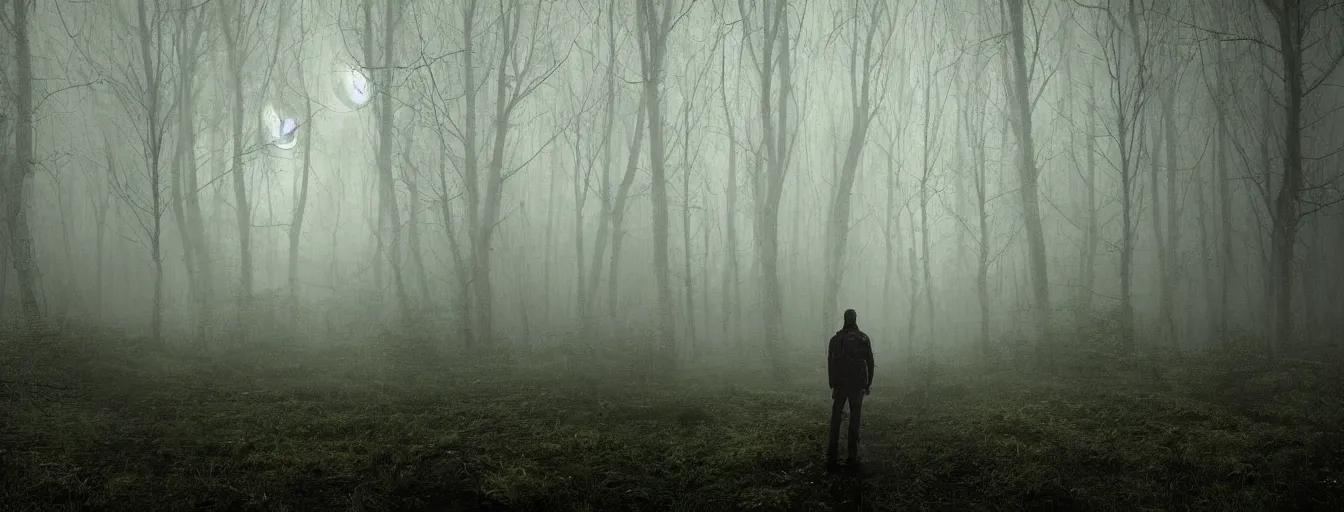 Prompt: portrait of man's terrified face, in the night in a wet forest, hiding from menacing alien intruder, moonlight, horror atmosphere, postapo, dystopia style, heavy rain, reflections, high detail, horror dramatic moment, motion blur, dense ground fog, dark atmosphere, saturated colors, by darek zabrocki, render in unreal engine - h 7 0 4