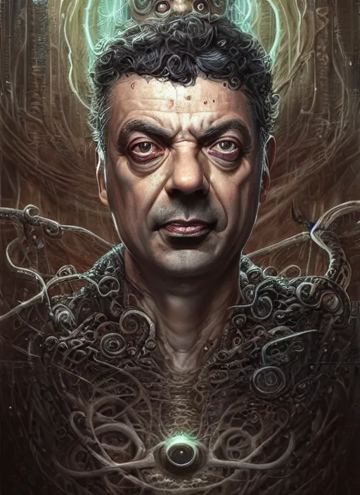 Image similar to lovecraft biopunk portrait of rowan sebastian atkinson by tomasz alen kopera and peter mohrbacher