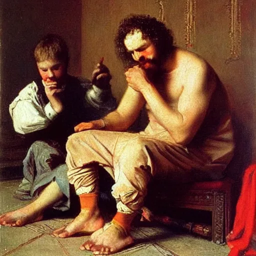 Image similar to curly haired australian greaving the loss of his toe nail in the style of ivan the terrible and his son ivan on 1 6 november 1 5 8 1 a painting by russian realist artist ilya repin