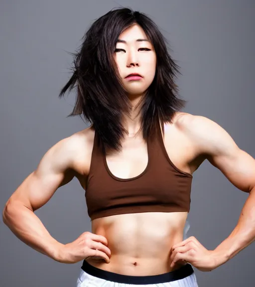 Image similar to an action photoshoot of akane owari, akane owari danganronpa, a toned japanese woman with dark tanned skin and wild wavy brown hair in a bob, hazel eyes, angular features, athletic body, buff, athletic fashion photography, sparring, dynamic pose, young and beautiful, white tank top, magazine cover, japanese facial features, full of energy