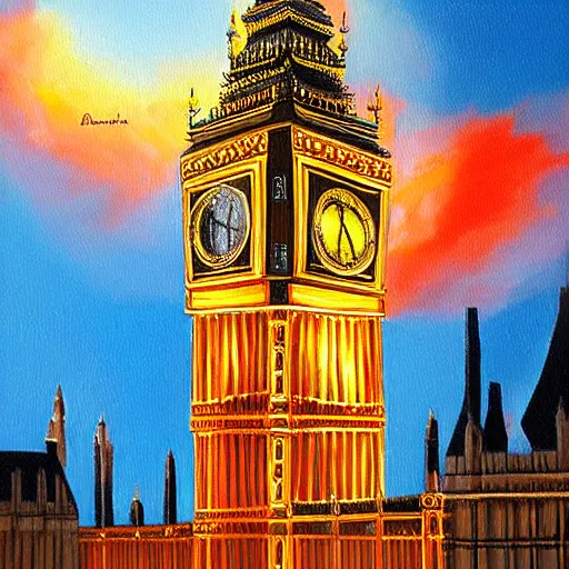 Image similar to detailed, soft, dynamic painting of the Big Ben on fire, professional painting, at dusk