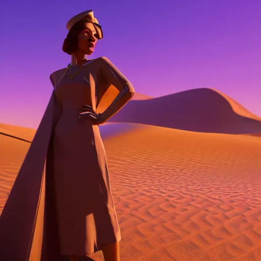 Image similar to woman wearing purple theme, avant-garde art, deco fashion, highly detailed, photorealistic portrait, serene desert setting, golden hour, crisp quality and light reflections, unreal engine 5 quality render