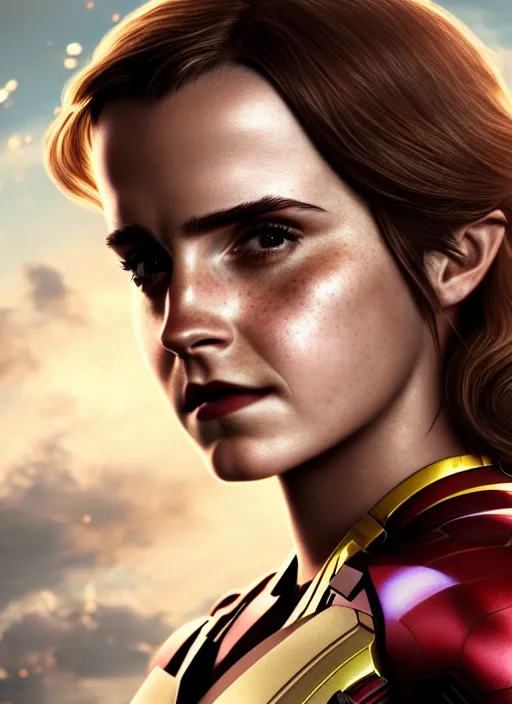 Prompt: highly detailed vfx portrait of emma watson as iron man, stephen bliss, unreal engine, chrome reflect, tom bagshaw, alphonse mucha, global illumination, detailed and intricate environment