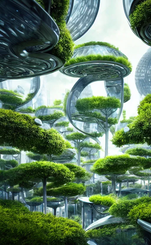 Prompt: biophilic futuristic cyborg city garden close - up natural beautiful light interior soft cinematic composition of a granite metallic nebula fluid surreal scifi architecture landscape, furniture, people, trees, grass, flowers, water, glass walls, vincent callebaut composition, 8 k, unreal engine, hdr