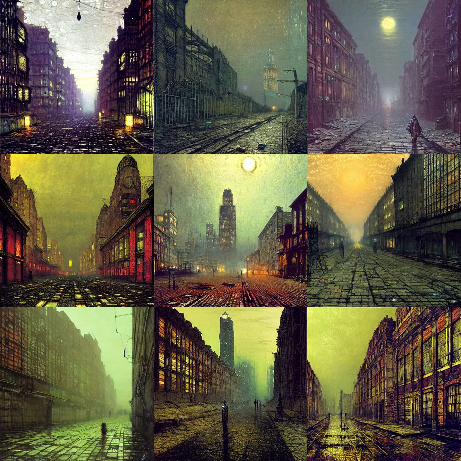 Prompt: radiated, abandoned city. painting by john atkinson grimshaw.