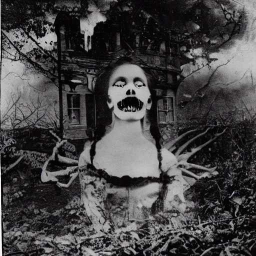 Image similar to 1860 photo of an ancient fractal demon-girl devouring a human's head on an abandoned hospital on the middle of a forest, spooky