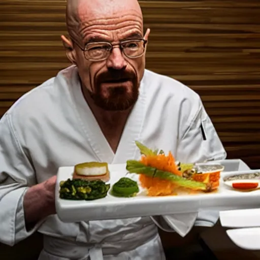 Prompt: walter white excited and hungry looking at omakase at a sushi bar