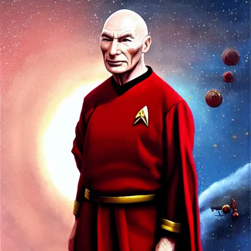 Prompt: realism portrait Captain Picard wears an Star Trek captain uniform whilst wearing a red velvet robe and golden crown anna podedworna arkhip kuindzhi raphael lacoste guillem h. pongiluppi grisaille