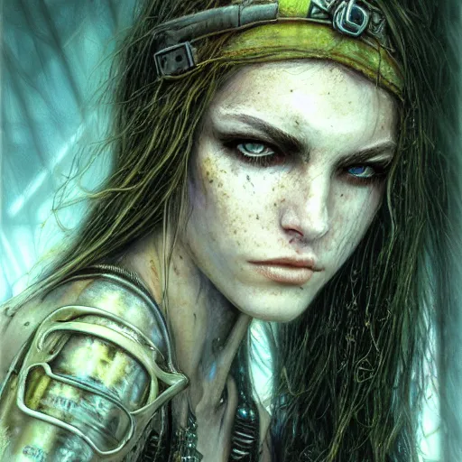 Prompt: an award finning closeup facial portrait by luis royo and john howe of a very beautiful and attractive female bohemian cyberpunk traveller aged 1 7 with green eyes and freckles in clothed in excessively fashionable cyberpunk gear and wearing ornate warpaint