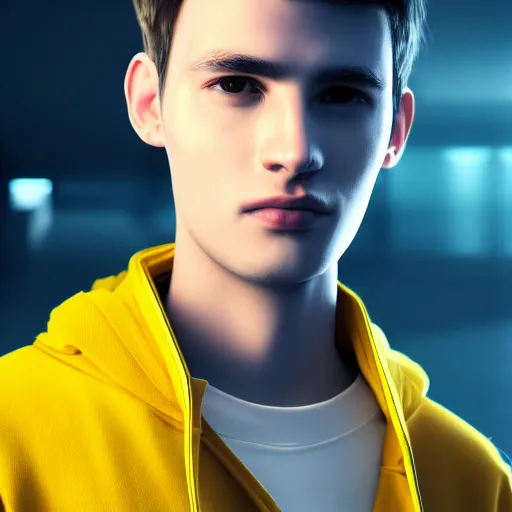 Image similar to close up portrait of young handsome it engineer in a yellow sweatshirt. cyberpunk, volumetric lighting, 4 k, hd, artstation, deviantart