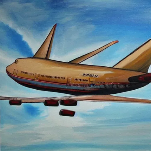 Prompt: a painting of a boeing 7 4 7 jumbo jet, painted in the style of davinci