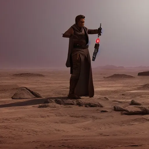 Image similar to jedi knight with a lightsaber on a desolate landscape, concept art, octane render