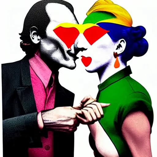 Prompt: richard hamilton and mimmo rottela and banksy as joaquin phoenix skinny joker holding hand lady gaga harley queen, ultra photorealistic, intricate details, pop art style, baroque, concept art, ultrarealistic, 3 colors, 4 k, 4 d, smooth, sharp focus