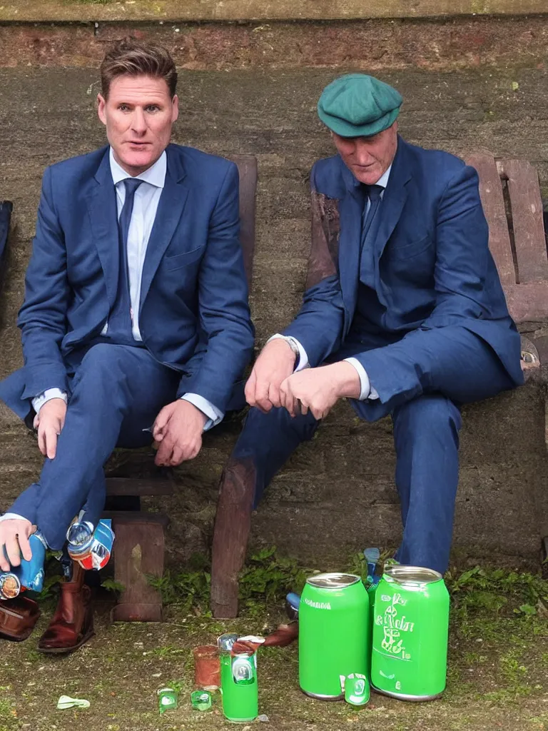 Image similar to Sir Kier Starmer in a blue suit wearing a flat cap on his head sitting on a bench alone holding a large plastic green bottle of cider, at his feet are empty cans and bottles