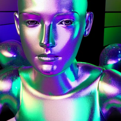 Image similar to 3d render of holographic human robotic head made of glossy iridescent, surrealistic 3d illustration of a human face non-binary, non binary model, 3d model human, cryengine, made of holographic texture, holographic material, holographic rainbow, concept of cyborg and artificial intelligence