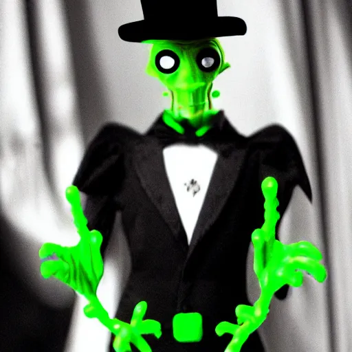 Image similar to tall, skinny, four - armed evil alien voodoo doctor wearing a black neon green tuxedo and top hat