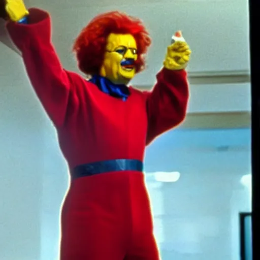 Image similar to A still of Ronald McDonald as a supervillain in a 1980s movie