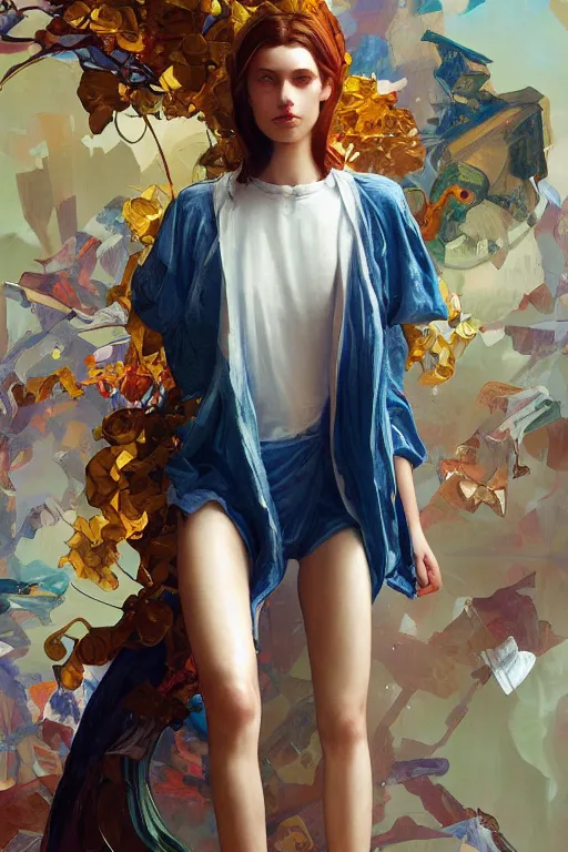 Prompt: an hyper intricate oil painting of gen z model wearing a fashion outfit with clean t - shirts for mockups, full body ultra fashion model pose by vogue, excellent composition, by yoshitaka amano, by greg rutkowski, by alphonse mucha, by rhads, by ross tran, trending on artstation