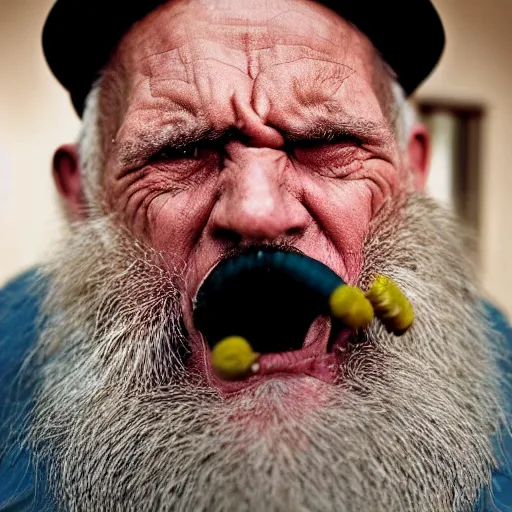 Image similar to National Geographic photo of angry old man with millipedes in his mouth