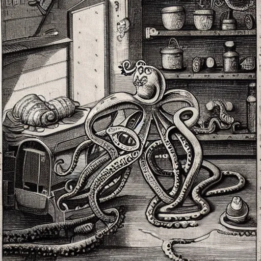 Image similar to a realistic octopus in a car repair shop, engraving, ink, 1 7 th century