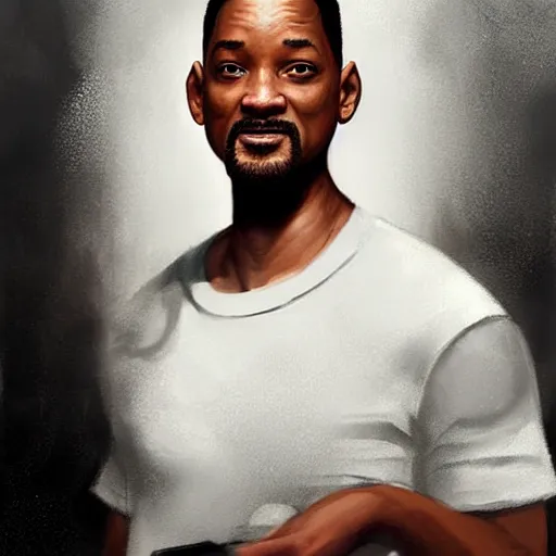 Prompt: “Portrait of Will Smith by Greg Rutkowski, young, manly, attractive, strong, older brother vibes, highly detailed portrait, scifi, digital painting, artstation, concept art, smooth, sharp foccus ilustration, Artstation HQ”