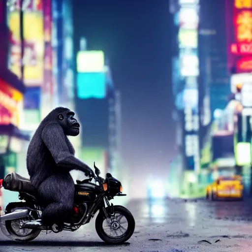 Prompt: a gorilla is riding a motor cycle in a cyberpunk city, shot from far away, during night, raining, many puddles on the street