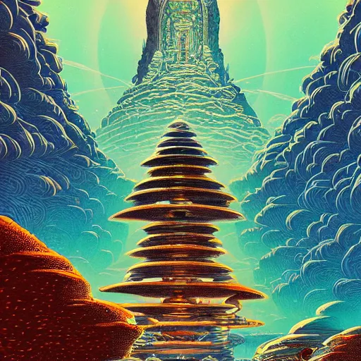Prompt: highly detailed illustration of a temple on a strange planet, by moebius, by kilian eng, by sam freio, by thomas rome, by victor mosquera, by bruce pennington, juxtapoz, behance, dayglo, prismatic