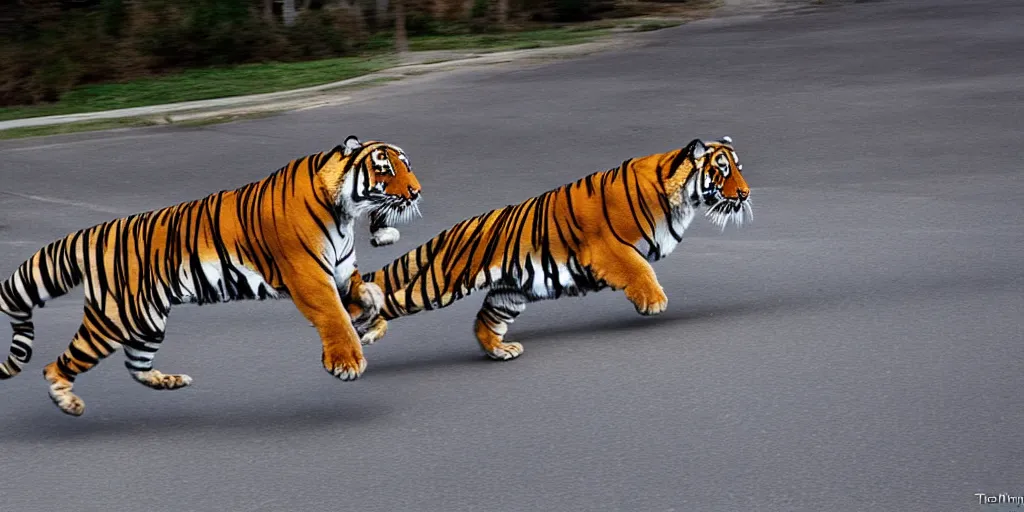 Image similar to tiger king in full speed in a empty street, kieth thomsen