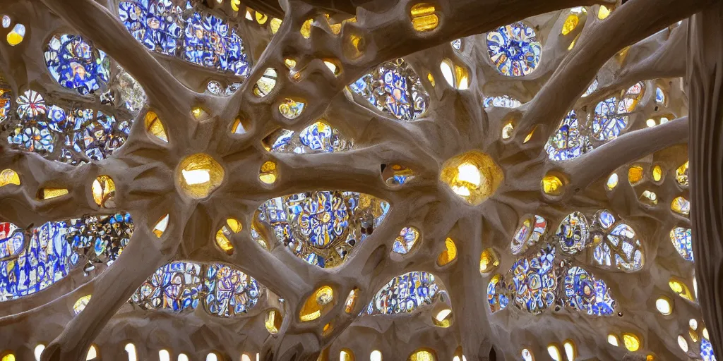 Prompt: sculpted Sagrada Familia ceiling by Antoni Gaudi