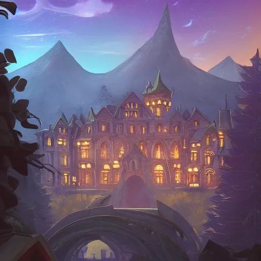 Prompt: a renaissance castle in a forest with a glowing night sky from an upward angle, style arcane tv series, style league of legends, trending on artstation, digital art