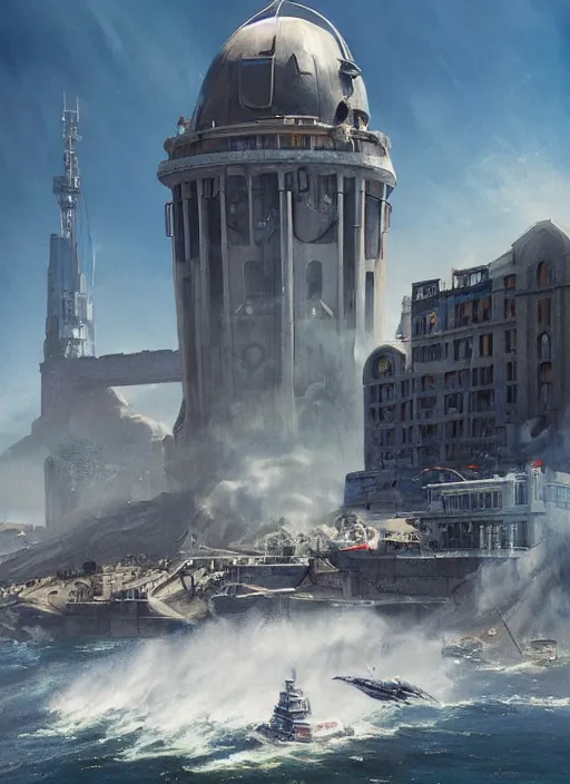 Image similar to hyper realistic robot attacking cape town city harbor beautiful details, strong composition, poster painted by weta studio rutkowski, james gurney and greg rutkowski, and lucasfilm