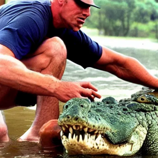 Image similar to steve austin wrangles a crocodile