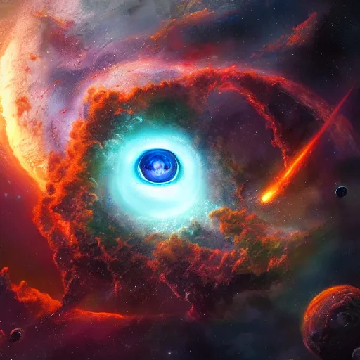 Prompt: a giant galactic eye in a nebula by WLOP and tony sart, fantasy art, 4k, HDR, photorealistic, 8k, trending on artstation