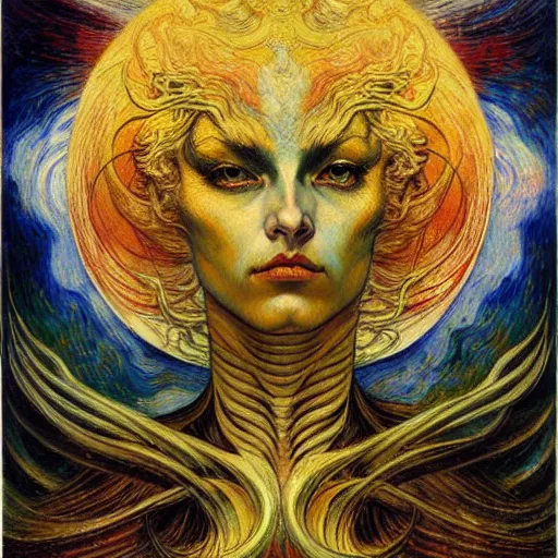 Image similar to Divine Chaos Engine by Karol Bak, Jean Delville, and Vincent Van Gogh, feminine, in the style of William Blake and Van Gogh