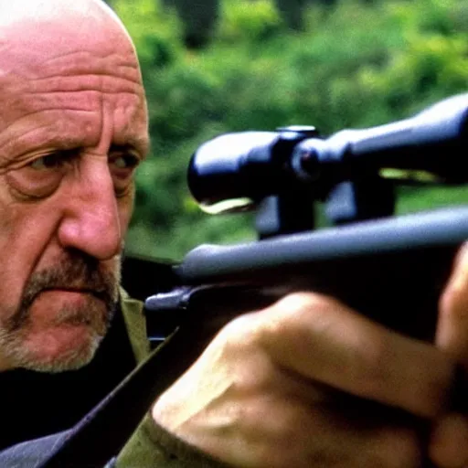 Image similar to Film still of Mike Ehrmantraut aiming a !!!sniper rifle!!!, 4k, !!highly detailed!!