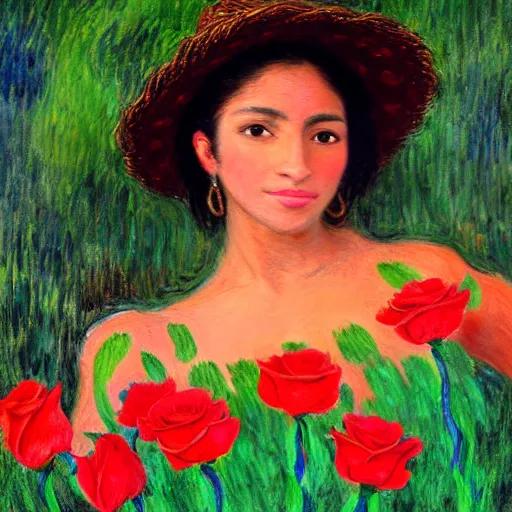 Image similar to beautiful tan mexican woman, full body, dancing in a field of roses and many other exotic flowers, prominent rosy cheek bones, black hair and brown eyes, monet and da vinci art style,