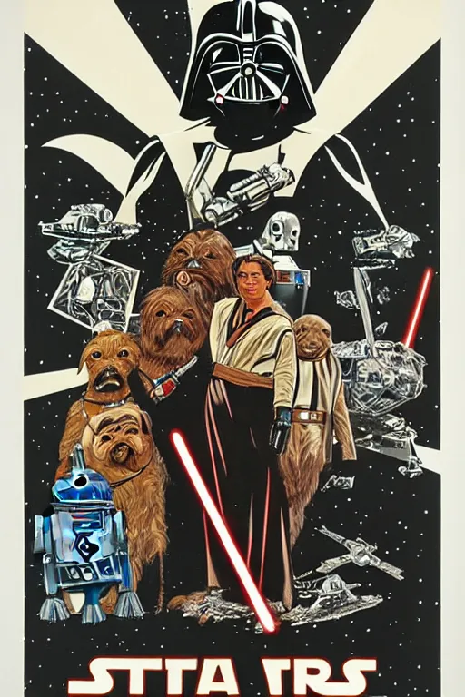 Prompt: vintage star wars movie poster by tom jung, with pugs droids and pug darth vader, film art gallery