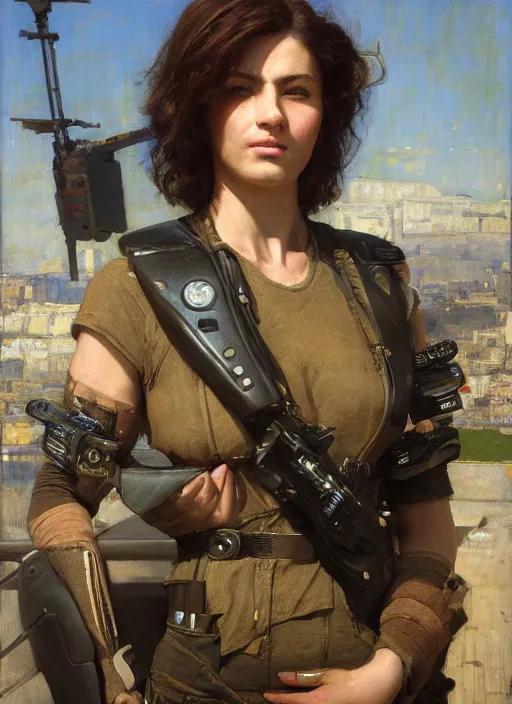 Prompt: beautiful cyberpunk pilot wearing military vest. attractive face. Iranian orientalist portrait by john william waterhouse and Edwin Longsden Long and Theodore Ralli and Nasreddine Dinet, oil on canvas. Cinematic, hyper realism, realistic proportions, dramatic lighting, high detail 4k