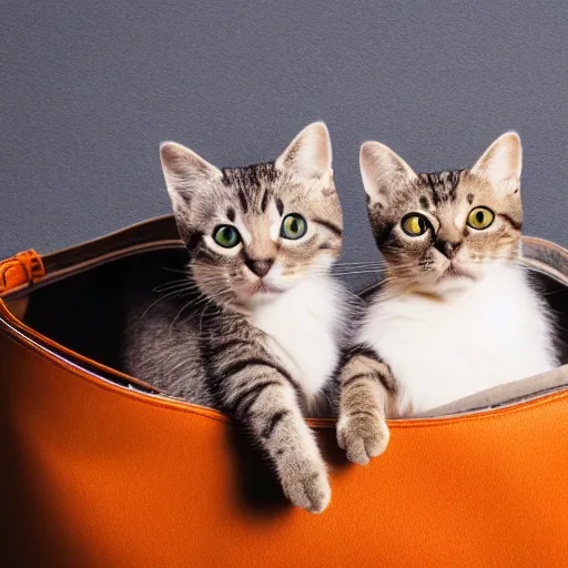 Prompt: a highly detailed photo of multiple furry cats, they are inside a big handbag, gray background, studio lighting, 4 k, 8 k