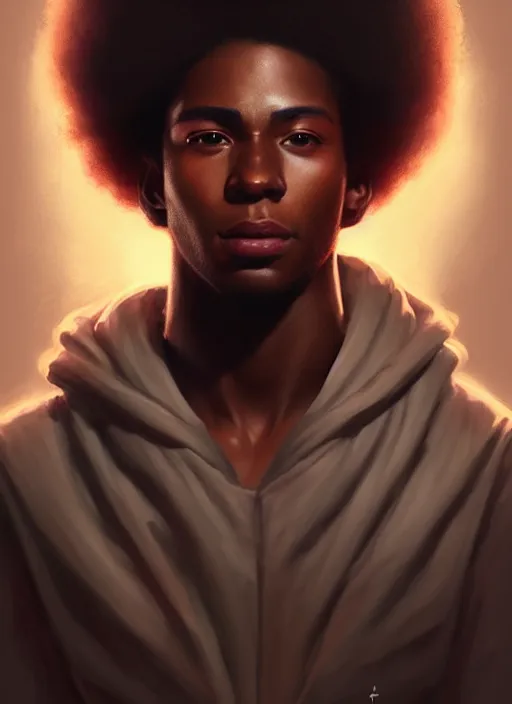 Image similar to photographic portrait of an handsome young black man with an afro, atmospheric lighting, elegant, highly detailed, digital painting, artstation, concept art, sharp focus, star wars, illustration, art by artgerm and greg rutkowski