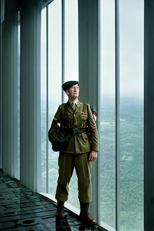 Image similar to kodak portra 5 0 mm f 4 full body portrait photography of a wwii airborne infantry soldier who's a mix of gillian anderson and adam driver, looking exhausted, setting is inside a sci fi megastructure tower looking out a window, photo by erwin olaf