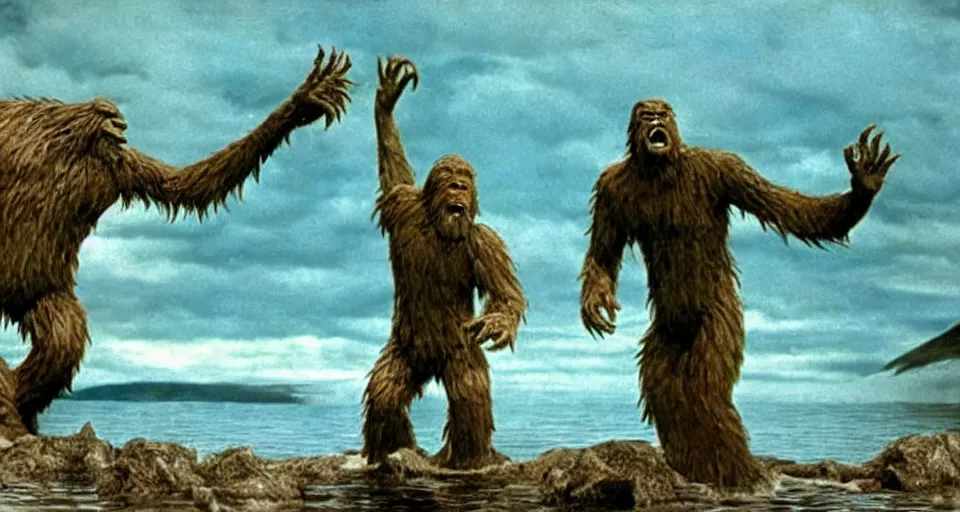 Image similar to scene from the 1 9 5 7 film bigfoot vs the loch ness monster, ray harryhausen, colorized, movie still